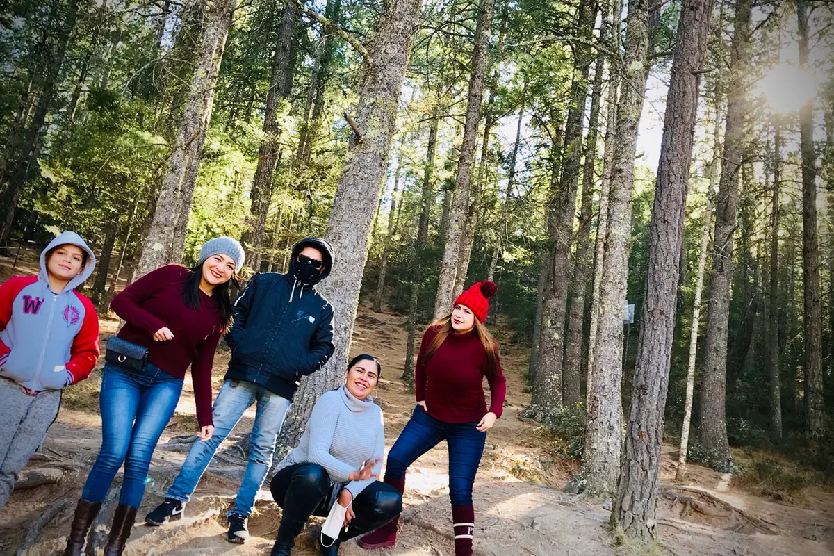 Grupo posa a contraluz entre los pinos iluminados por el sol de la tarde en Arteaga