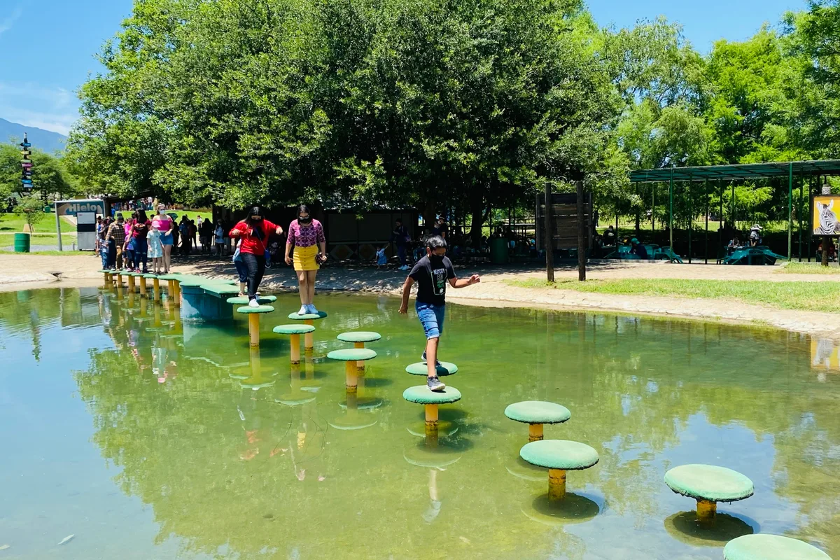 Niños cruzan un estanque saltando entre plataformas flotantes con forma de nenúfar en el Bioparque Estrella